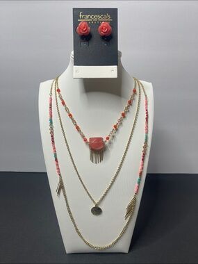Francesca's Collections Rose Studs Pink & Dorothy Multi-Layer Necklace Set